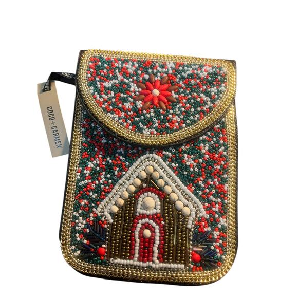 Coco+Carmen Christmas Gingerbread House Beaded Phone Bag with Shoulder Strap NWT - Picture 1 of 5